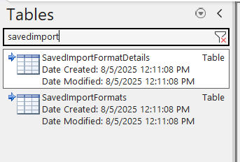 saved import formats tables